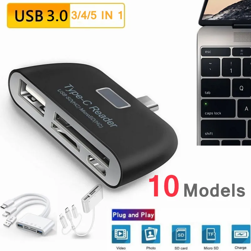 Multifunctional Smart 3/4/5 In 1OTG Card Reader USB Type C TF Micro SD USB Charge Port High Speed For PC Laptop Phone Tablet 
Multifunctional Smart 3/4/5 In 1OTG Card Reader USB Type C TF Micro SD USB Charge Port High Speed For PC Laptop Phone Tablet