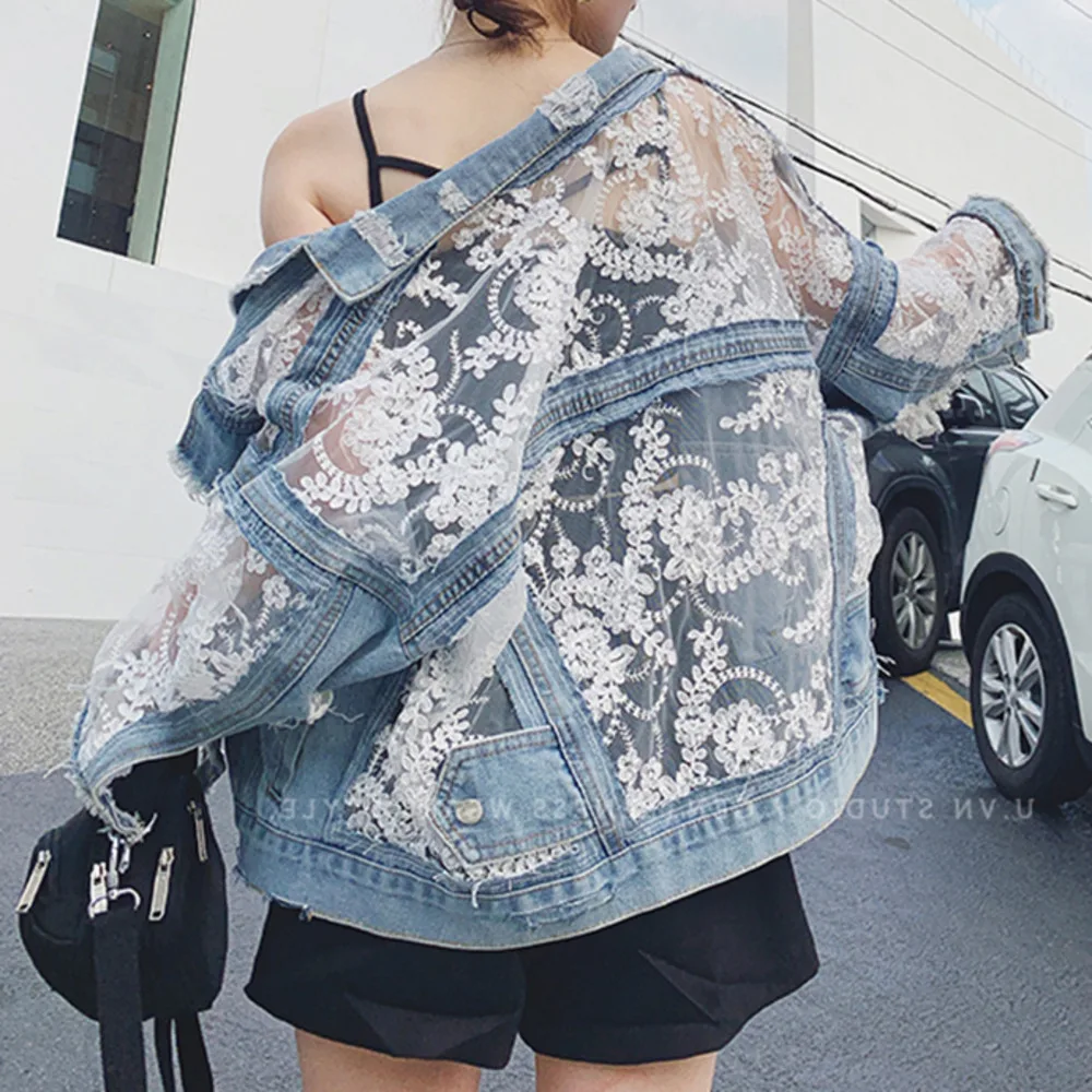 Streetwear Lace Patchwork Jean Hole Denim Jacket Coat Women Oversized Long Sleeve Perspective Flower Embroidery Loose Overcoat
Streetwear Lace Patchwork Jean Hole Denim Jacket Coat Women Oversized Long Sleeve Perspective Flower Embroidery Loose Overcoat