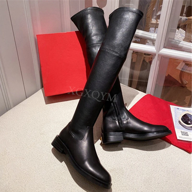 Winter Women's Over the Knee Boots Round Toe Genuine Leather Flat Long Knee High Boots Metal Decor High-Barrel Elastic Boots
Winter Women's Over the Knee Boots Round Toe Genuine Leather Flat Long Knee High Boots Metal Decor High-Barrel Elastic Boots