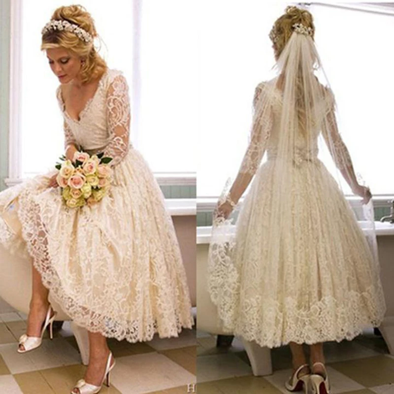 Vintage Short A Line Ivory Lace Wedding Dresses for Bride Tea Length with 3/4 Sleeves V Neck Bridal Wedding Gowns Back Out Bow
Vintage Short A Line Ivory Lace Wedding Dresses for Bride Tea Length with 3/4 Sleeves V Neck Bridal Wedding Gowns Back Out Bow