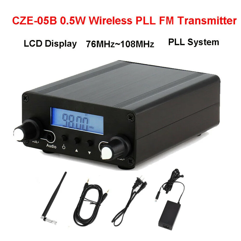 

CZE-05B 0.1/0.5W Wireless PLL FM Transmitter LCD Display 76MHz~108MHz Antenna Home Broadcast SP99