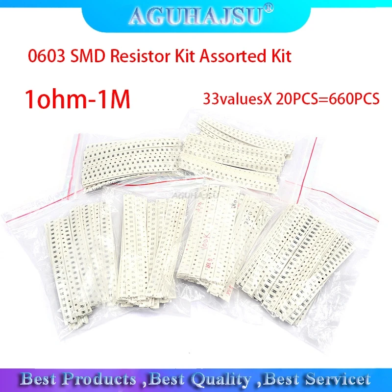 0603 SMD Resistor Kit Assorted Kit 1ohm-1M ohm 1% 33valuesX 20PCS=660PCS Sample Kit
0603 SMD Resistor Kit Assorted Kit 1ohm-1M ohm 1% 33valuesX 20PCS=660PCS Sample Kit
