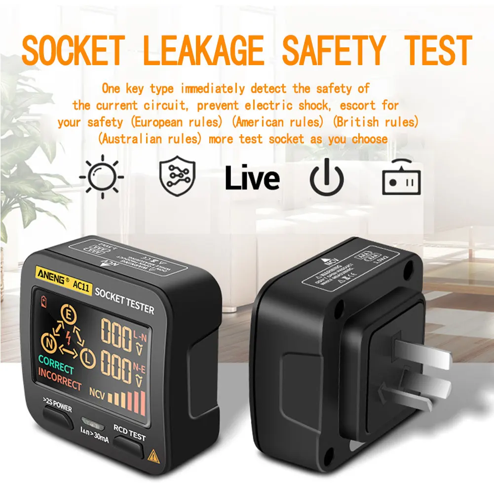 ANENG AC11 Digital Smart Socket Tester Voltage Test Socket Detector US/UK/EU/AU Plug Ground Zero Line Phase Check Rcd NCV Test
ANENG AC11 Digital Smart Socket Tester Voltage Test Socket Detector US/UK/EU/AU Plug Ground Zero Line Phase Check Rcd NCV Test