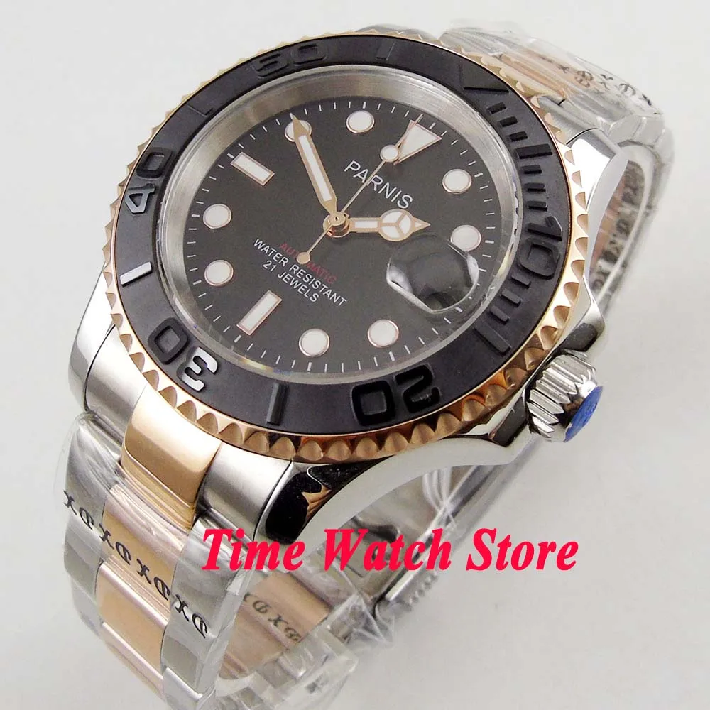 

41mm Parnis 5ATM 21 jewels Miyota 8215 gold plated Automatic men's watch sapphire glass black dial bezel date magnifier 910