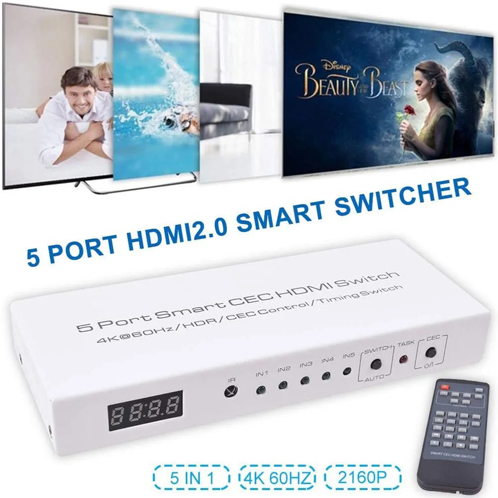 HDMI Switch-CEC HDMI 2.0 Switch 5X1 Smart Switch switch 4K 60Hz HDR CEC Control Clock Setting Function
HDMI Switch-CEC HDMI 2.0 Switch 5X1 Smart Switch switch 4K 60Hz HDR CEC Control Clock Setting Function