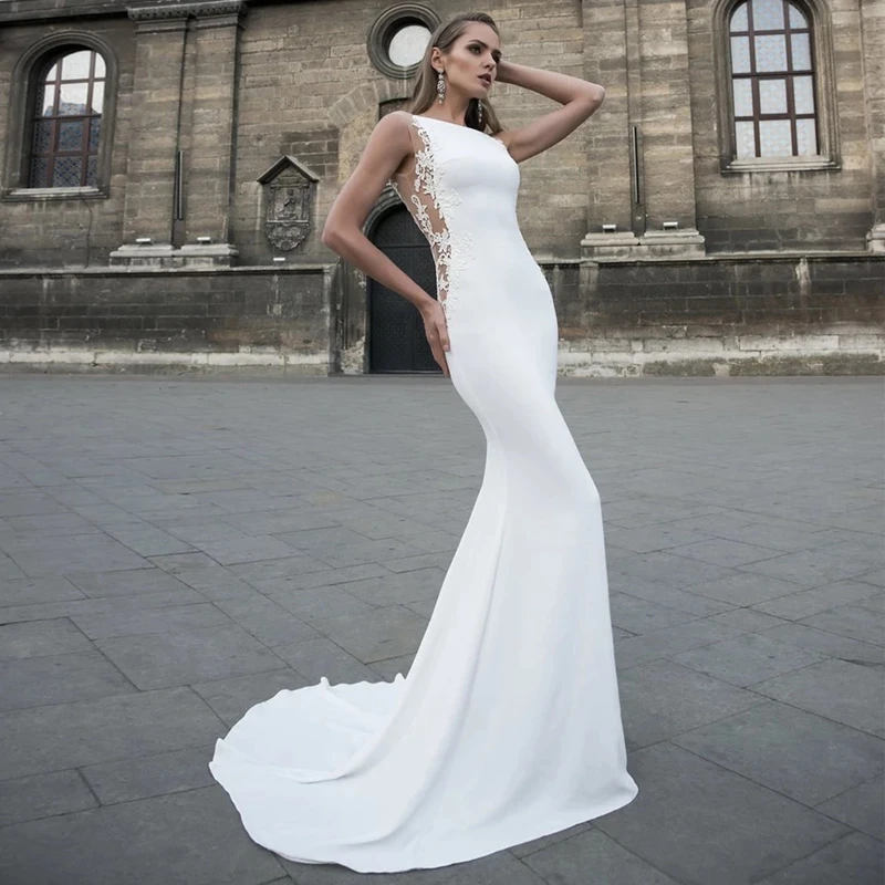 Simple Satin Mermaid Wedding Dresses 2021 Long Sweep Train O-Neck Sleeveless Lace Appliques Sexy Open Back Bridal Gown For Women
Simple Satin Mermaid Wedding Dresses 2021 Long Sweep Train O-Neck Sleeveless Lace Appliques Sexy Open Back Bridal Gown For Women