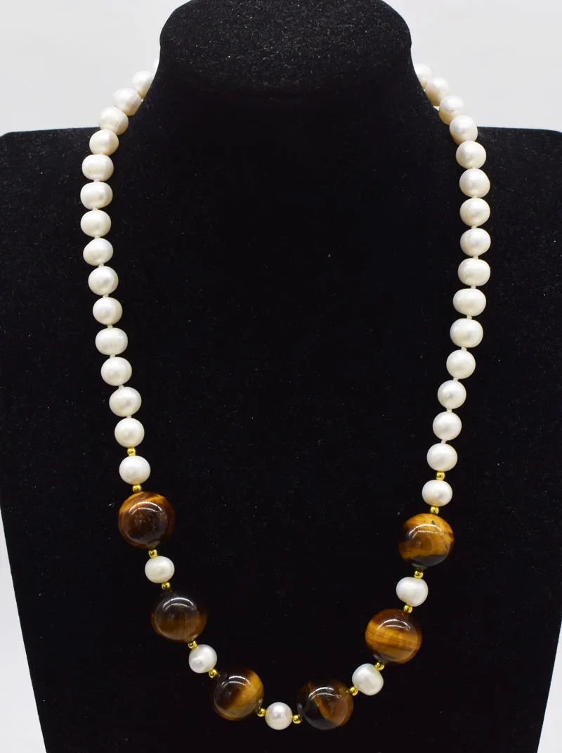 

freshwater pearl white/black near round tigereye 16mm necklace wholesale 18inch FPPJ nature beads gift