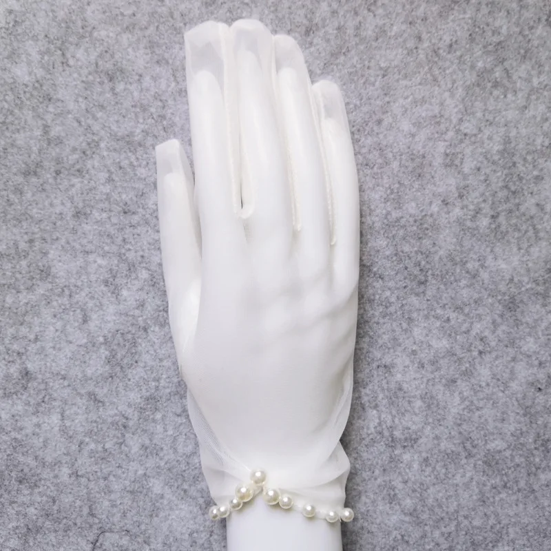 White Tulle Bidal Wedding Gloves For Bride Prom Party Dress With Women Pearl Beaded Sheer Guantes Transparentes | Свадьбы и