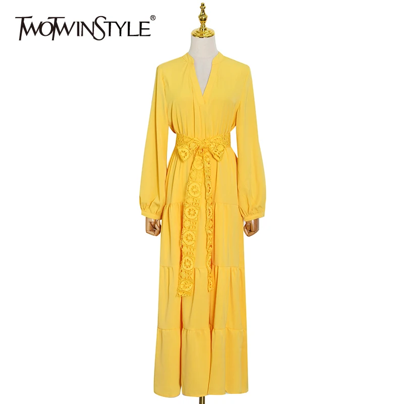 TWOTWINSTYLE Lace Up Vintage Dress For Women V Neck Long Sleeve High Waist Solid Ankle Length Dresses Females 2021 New Clothing
TWOTWINSTYLE Lace Up Vintage Dress For Women V Neck Long Sleeve High Waist Solid Ankle Length Dresses Females 2021 New Clothing