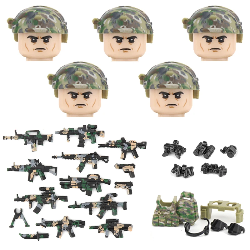 

Military US Army Jungle Special Forces Building Blocks Delta Force Soldier Figures Camouflage Helmet Weapons Gun Part Bricks Toy