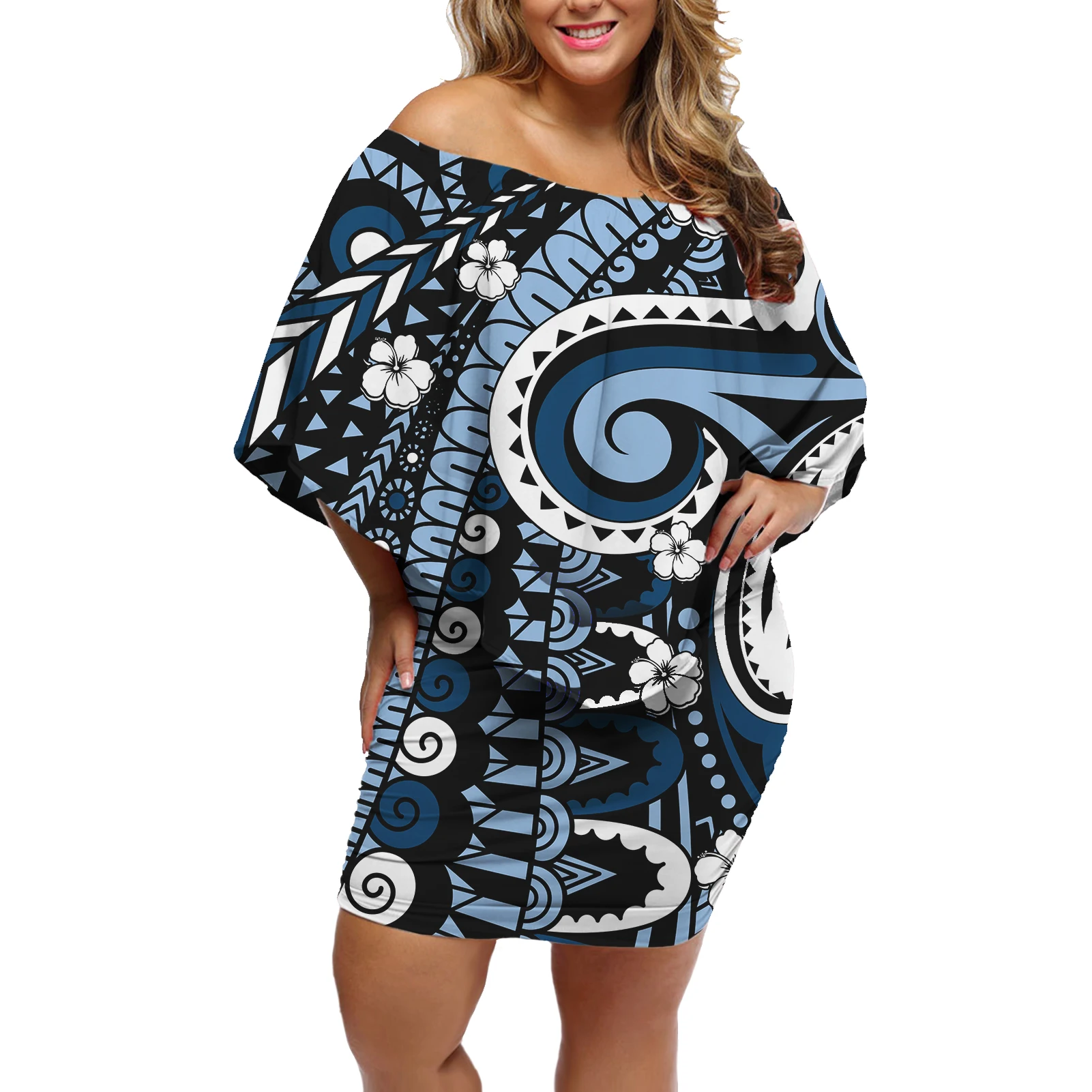 

HYCOOL Samoan Tribal Tattoos Print Slash Neck Bodycon Dress Ruffle Off Shoulder Plus Size Sexy Dress Women Wedding Guest Dresses