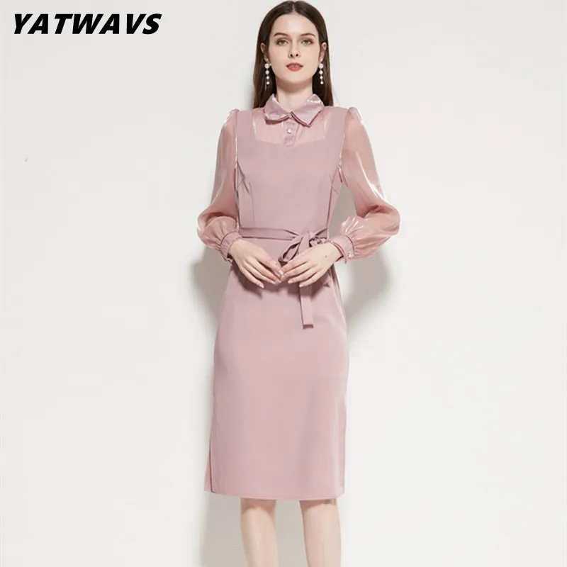 

YATWAVS High Quality Women Splicing Long Sleeve Pink Dress Spring Elegant Ladies Temperament Vintage Lace Up Dresses Party Robe
