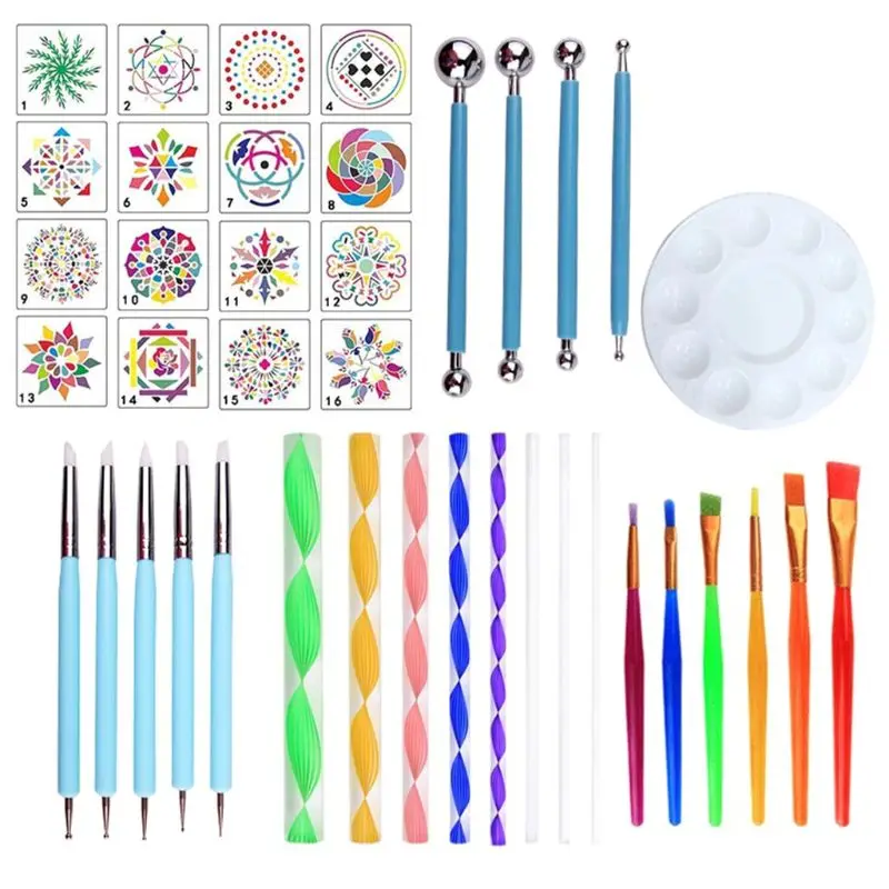 

40Pcs/Set Mandala Dotting Pen Tools Set for DIY Painting Rock Stone with Stencils Template Brush Paint Tray