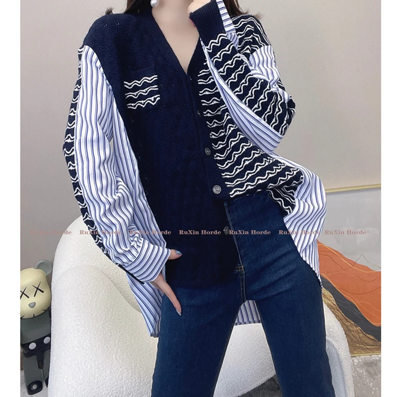 Cardigan Fashion Knitwear Splicing Stripe Casual V-Neck Loose-Fitting European Autumn Women Patchwork Short Front And Long Back
Cardigan Fashion Knitwear Splicing Stripe Casual V-Neck Loose-Fitting European Autumn Women Patchwork Short Front And Long Back
