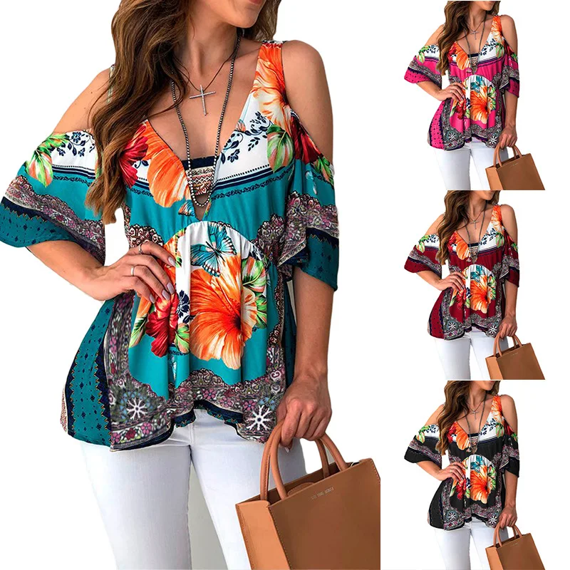 Women's coat 2021 summer New style Sexy off-the-shoulder V-neck print top 
Women's coat 2021 summer New style Sexy off-the-shoulder V-neck print top