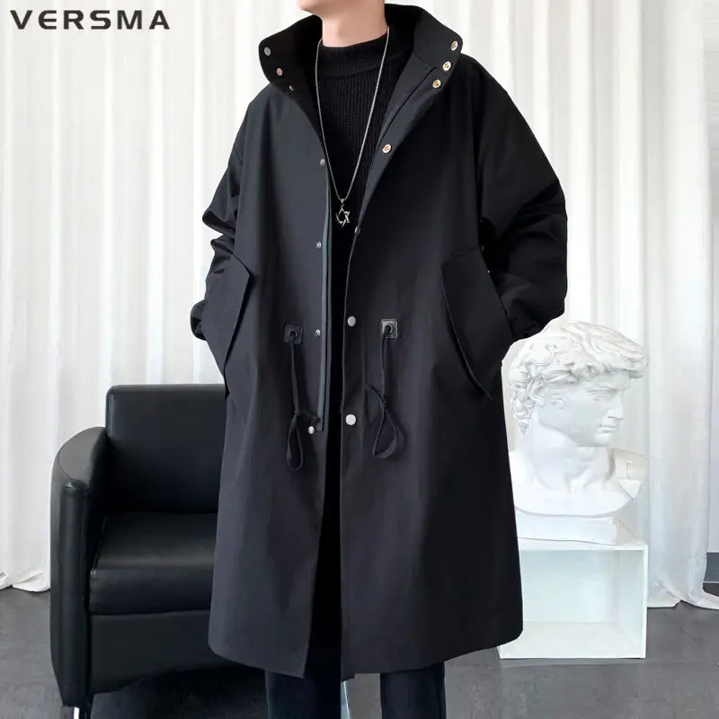 Трендовый черный мужской длинный Тренч VERSMA в Корейском стиле однотонный