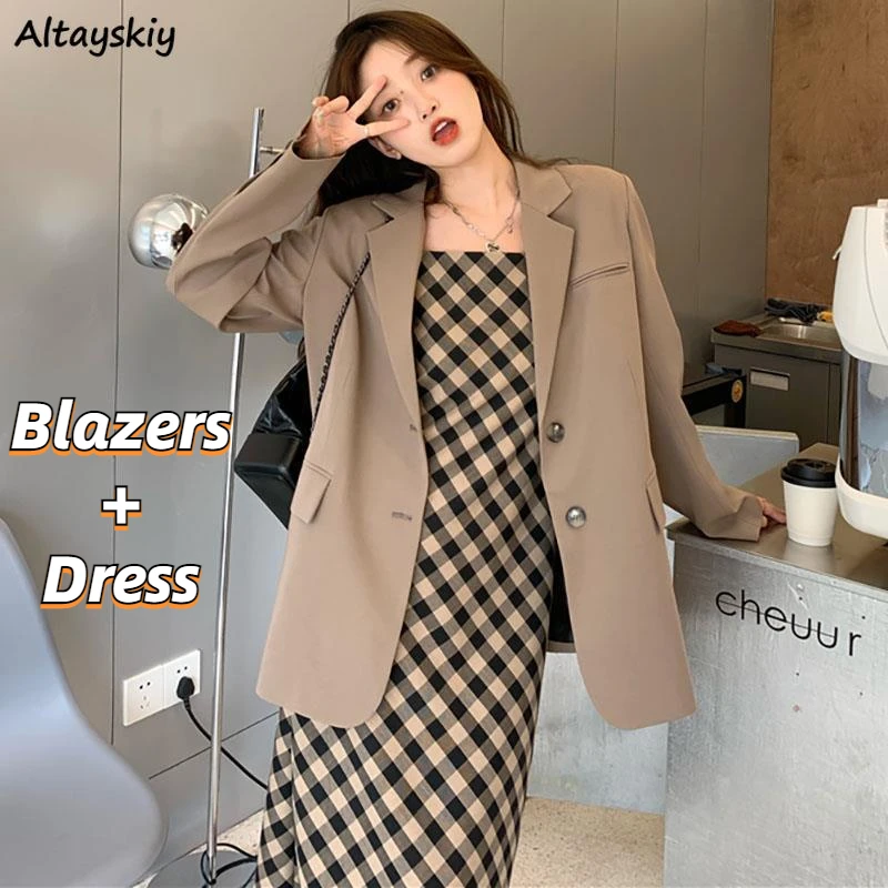 Autumn Sets Women Vintage Retros Long Sleeve Elegant Blazer Fashion Plaid Spaghetti Strap Dress Loose Two Pieces Outfits Mature
Autumn Sets Women Vintage Retros Long Sleeve Elegant Blazer Fashion Plaid Spaghetti Strap Dress Loose Two Pieces Outfits Mature