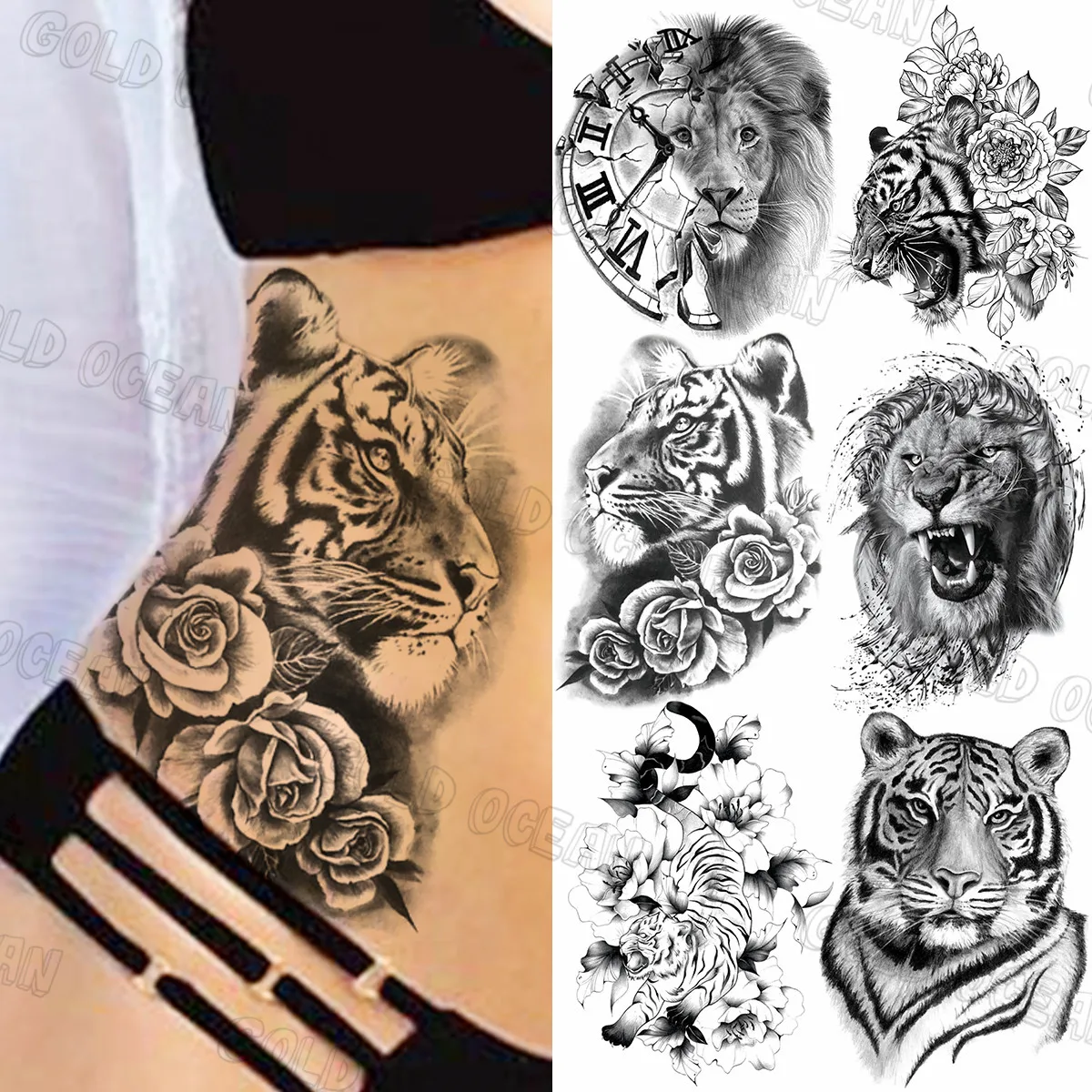 Large Black Tiger Flower Temporary Tattoos For Women Men Compass Lion Dahlia Fake Tattoo Sticker Sexy Waist Beach Tatoos Chest
Large Black Tiger Flower Temporary Tattoos For Women Men Compass Lion Dahlia Fake Tattoo Sticker Sexy Waist Beach Tatoos Chest