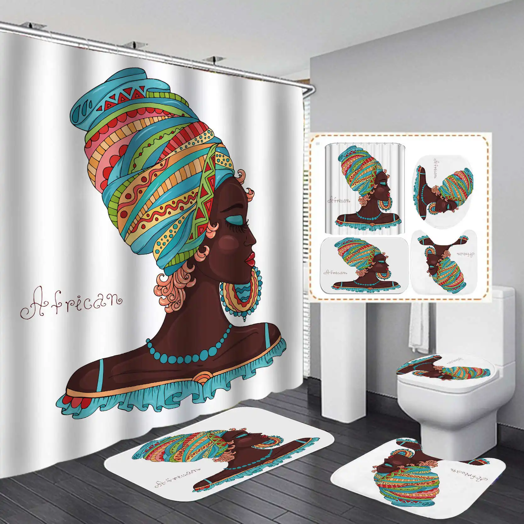 African woman Print Shower Curtain 4 Piece Carpet Cover Toilet Cover Bath Mat Pad Set Bathroom Curtain with 12 Hooks
African woman Print Shower Curtain 4 Piece Carpet Cover Toilet Cover Bath Mat Pad Set Bathroom Curtain with 12 Hooks