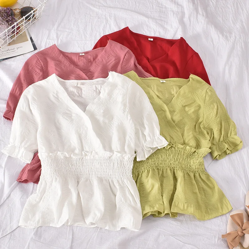 Women's T-shirt Solid Color V-neck Short Top Princess Style Female Sweet Green Chiffon Blouse
Women's T-shirt Solid Color V-neck Short Top Princess Style Female Sweet Green Chiffon Blouse