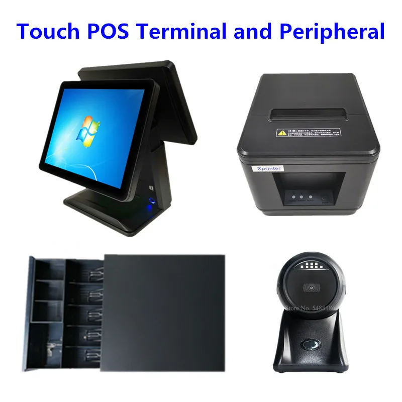 

Touch POS System 15" Dural Screen Cash Register & Cash Drawer & 80mm Thermal Receipt Printer Auto Cutter & Barcode Scanner