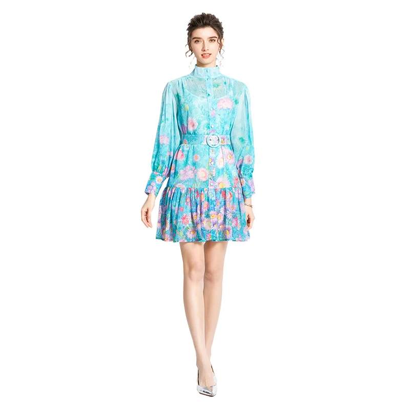 2022 Spring Multicolor Floral Print Dresses Women Turn Down Collar With Belt Single Breasted High Waist A Line Slim Mini Dress 
2022 Spring Multicolor Floral Print Dresses Women Turn Down Collar With Belt Single Breasted High Waist A Line Slim Mini Dress