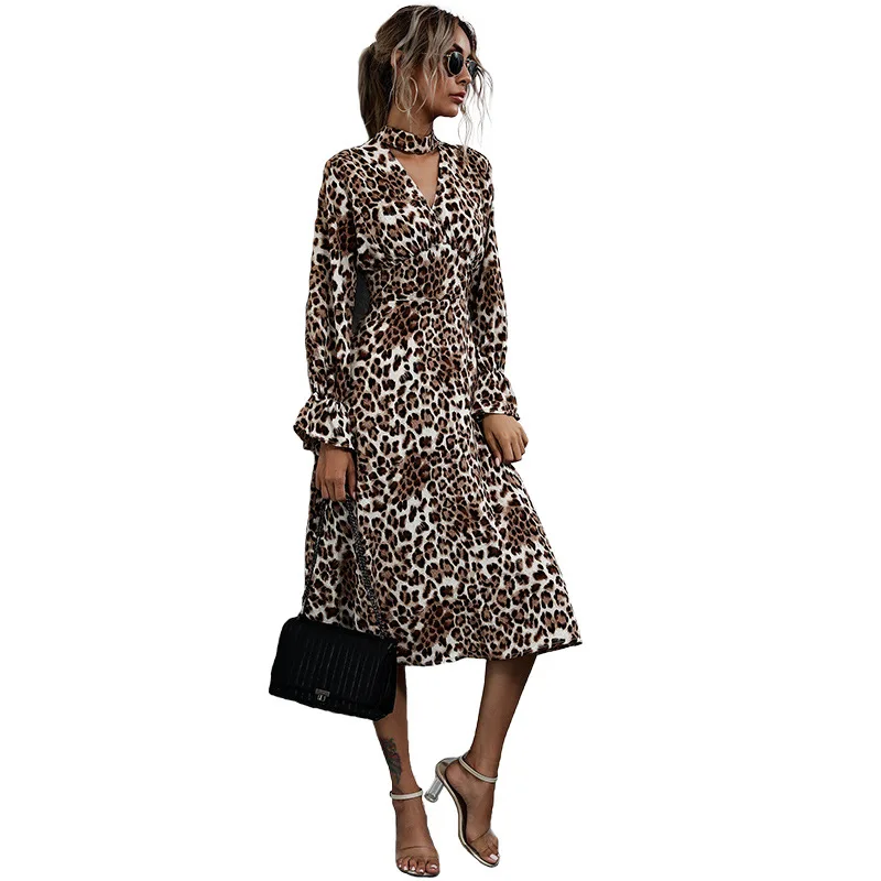 New European and American fashion leopard print horn long sleeve hollow hanging neck dress woman spring 
New European and American fashion leopard print horn long sleeve hollow hanging neck dress woman spring