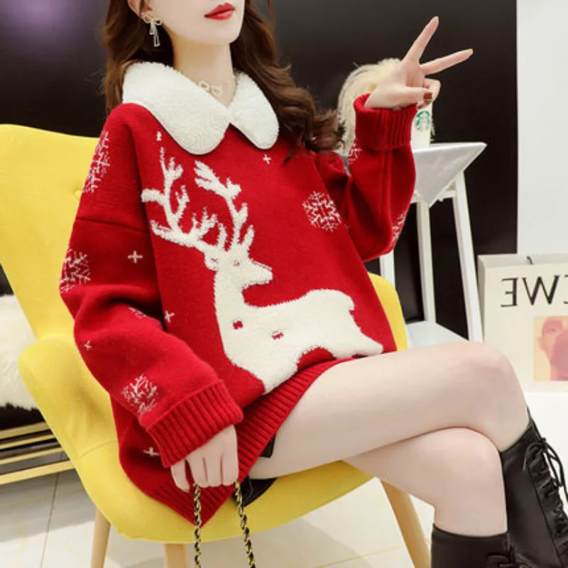 Christmas sweater Thickened Over Size 2021red New Style Lapel Sweater Female Elk Cartoon Christmas Knitted Bottoming Shirt
Christmas sweater Thickened Over Size 2021red New Style Lapel Sweater Female Elk Cartoon Christmas Knitted Bottoming Shirt