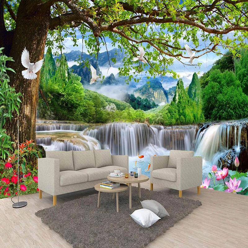 Фото Настенная роспись на заказ большой зеленый лес водопад природа пейзаж 3D плакат