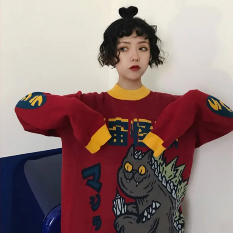 Knitted Women Sweater Cartoon Monster Embroidery Student Sweater Coat Loose Retro Hit Color Pullover Sweater Harajuku Fashion
Knitted Women Sweater Cartoon Monster Embroidery Student Sweater Coat Loose Retro Hit Color Pullover Sweater Harajuku Fashion