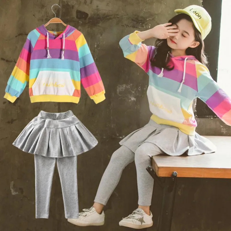 DFXD Girls Clothing Sets Autumn Casual Full Sleeve Colorful Striped Hooded Sweatshirt+Soild Skirt Pant 2pc Kids Suits For 3-12Y
DFXD Girls Clothing Sets Autumn Casual Full Sleeve Colorful Striped Hooded Sweatshirt+Soild Skirt Pant 2pc Kids Suits For 3-12Y