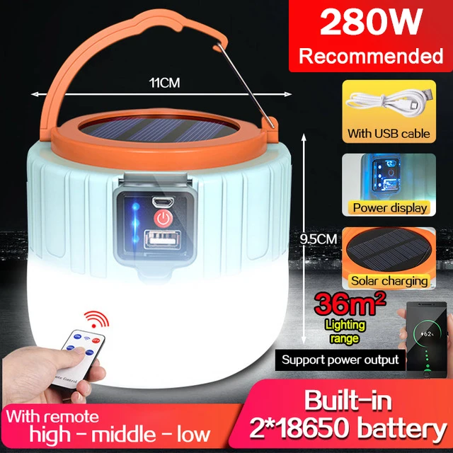 280W 190W Solar LED Camping Light USB Rechargeable Bulb For Outdoor Portable Tent Lamp Lanterns Emergency Lights For BBQ Hiking
280W 190W Solar LED Camping Light USB Rechargeable Bulb For Outdoor Portable Tent Lamp Lanterns Emergency Lights For BBQ Hiking