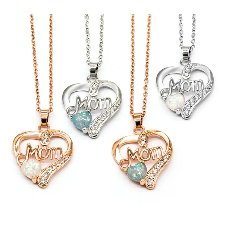 

Letter "MOM" Heart-Shaped Mosaic Artificial Opal Pendant Necklace Mother's day&Birthday Gift High Quality Ladies Jewelry