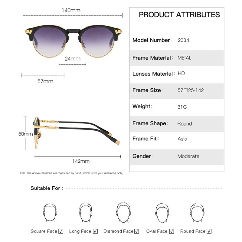 2021 New Fashion Cool Half Frame Round Style Sunglasses Women Men Luxury Vintage Brand Design Sun Glasses Oculos De Sol 2034 
2021 New Fashion Cool Half Frame Round Style Sunglasses Women Men Luxury Vintage Brand Design Sun Glasses Oculos De Sol 2034