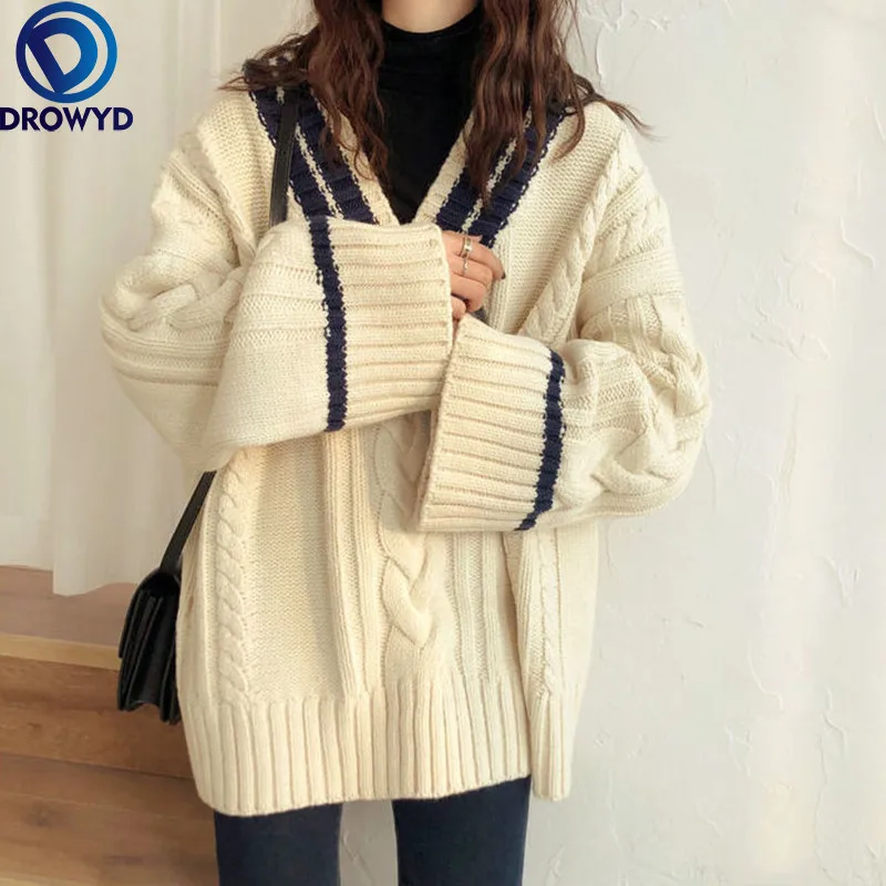 

Sweaters Women Korean Patchwork Design V-neck Thicker Soft Winter Fall Vintage Flare Sleeve Lady Knitwear Preppy Femme Pullovers
