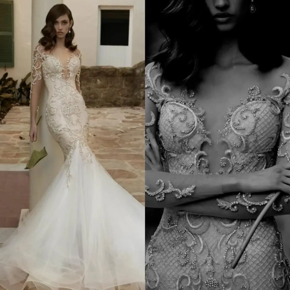 2021 Wedding Dresses V Neck Long Sleeves Lace Appliques Beading Mermaid Bridal Gowns Custom Made Sweep Train Robe De Soiree
2021 Wedding Dresses V Neck Long Sleeves Lace Appliques Beading Mermaid Bridal Gowns Custom Made Sweep Train Robe De Soiree