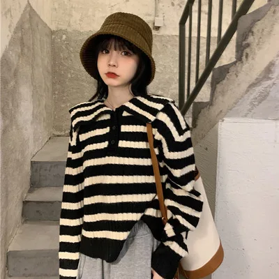 Striped Sweater Navy Collar Jacket for Women Spring and Autumn Lapel Knitted Cardigan Cropped Top Mujer
Striped Sweater Navy Collar Jacket for Women Spring and Autumn Lapel Knitted Cardigan Cropped Top Mujer