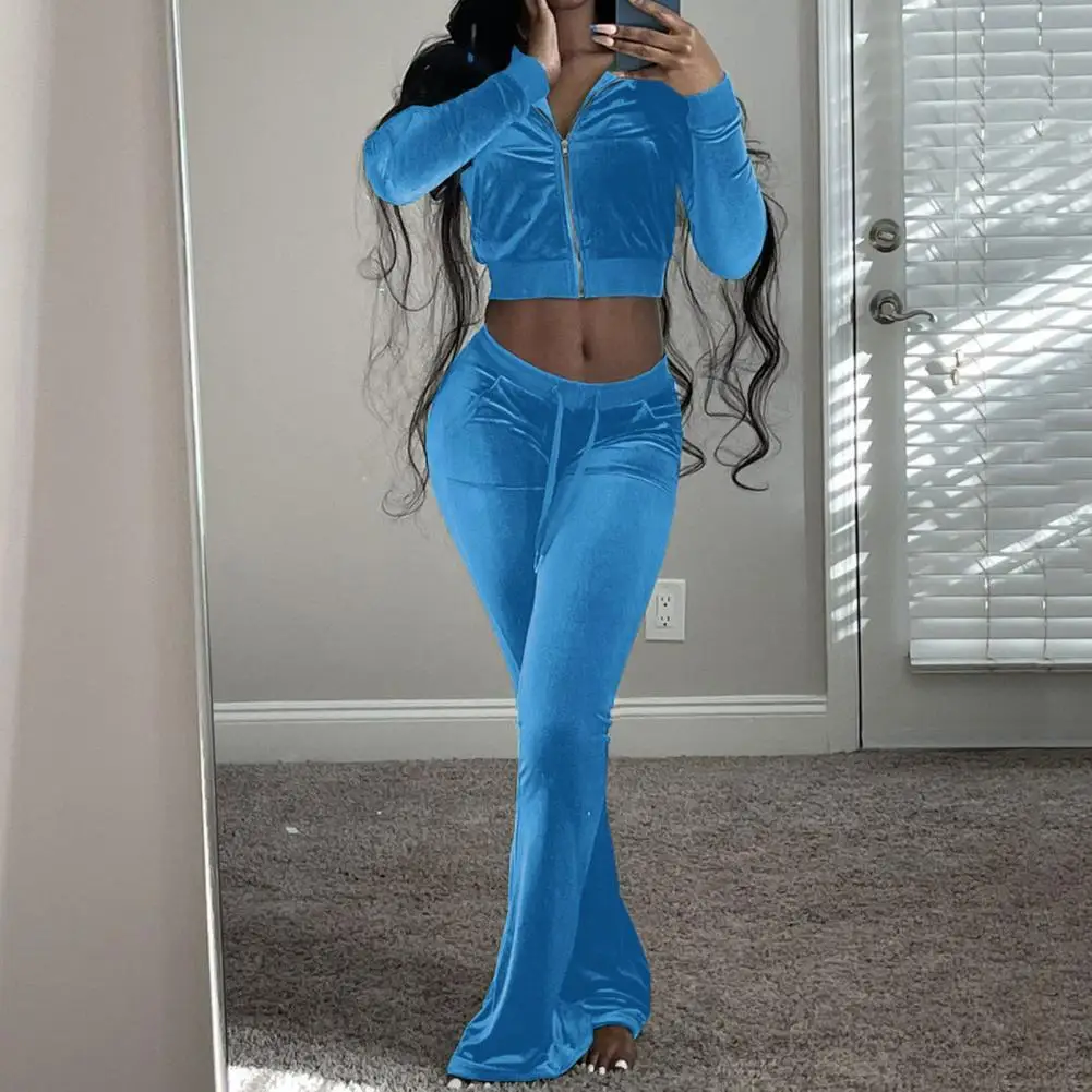 

Exposed Navel Sporty Outfit Solid Color Tracksuit Zipper Closure Sweatshirt Long Sleeve Crop Top Flare Pant Set Gym Clothing New