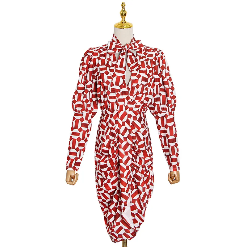 Wind New Bubble Sleeve Sexy Wind V-Collar Print Irregular Neck Lace Dress 
Wind New Bubble Sleeve Sexy Wind V-Collar Print Irregular Neck Lace Dress