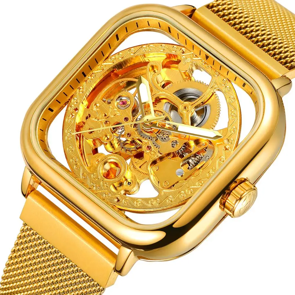 

Forsining Golden Men Automatic Watch Square Skeleton Mesh Steel Band Mechanical Business Clock Relogio Masculino Erkek Kol Saati