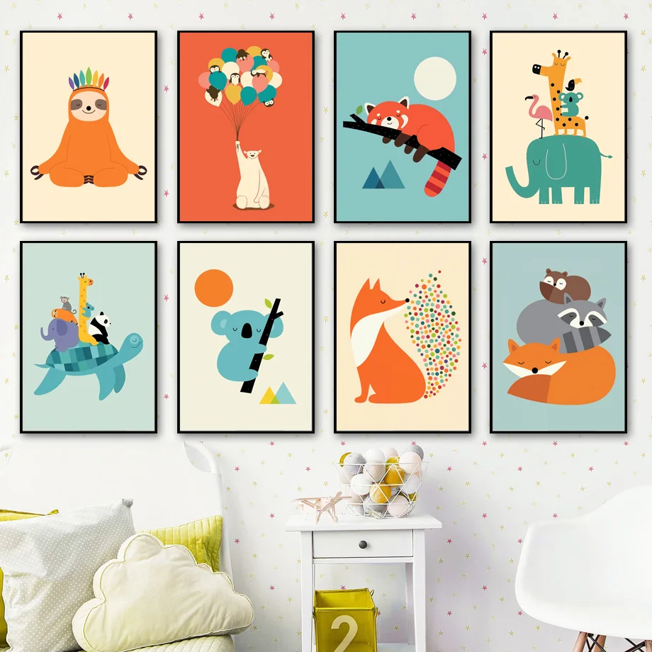 Wall Art Nordic Children Poster Koala Sloth Fox Elephant Raccoon Cartoon Animal Print Children's Room Decoration Modular Picture
Wall Art Nordic Children Poster Koala Sloth Fox Elephant Raccoon Cartoon Animal Print Children's Room Decoration Modular Picture