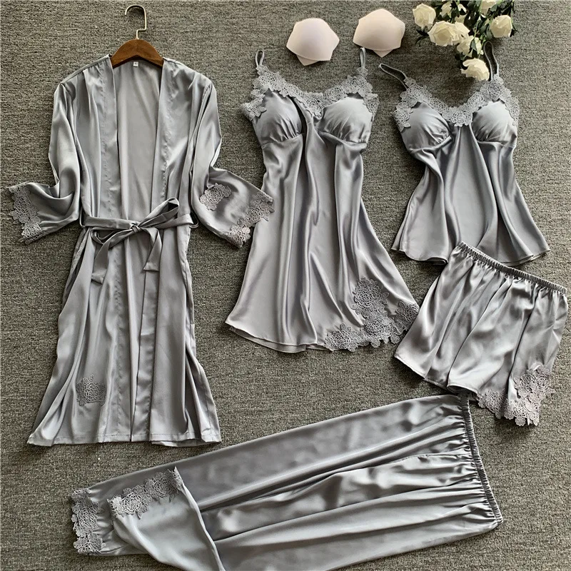 Summer Women Pajama Sets 5 Pcs Sexy Lace Pyjamas Women Satin Silk Sleepwear Elegant Pijama with Chest Pads Homewear
Summer Women Pajama Sets 5 Pcs Sexy Lace Pyjamas Women Satin Silk Sleepwear Elegant Pijama with Chest Pads Homewear