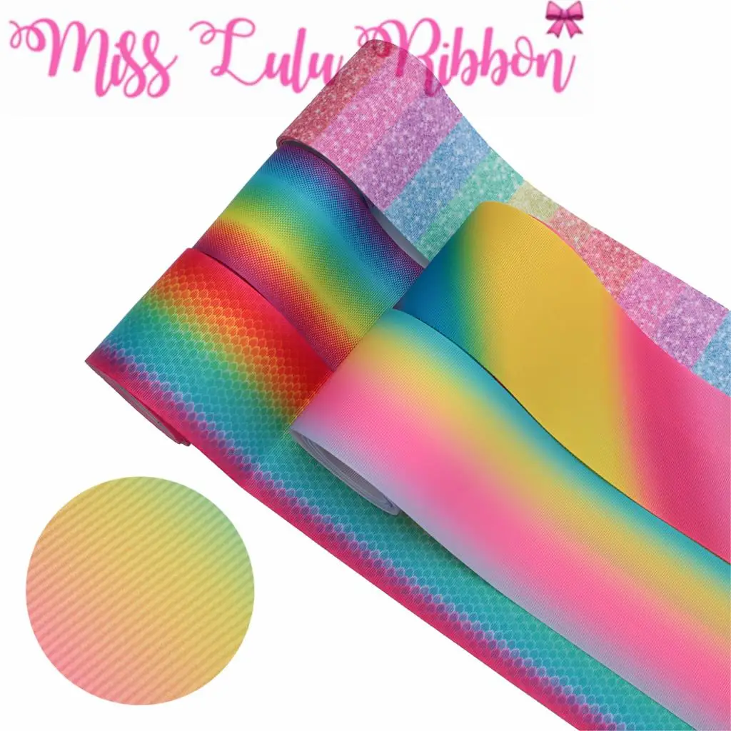 

16mm-75mm Gradient Color Series Rainbow Scale Stripes Printed Grosgrain/Foe Ribbon DIY Hair Bowknots Party Decor 50yards/roll