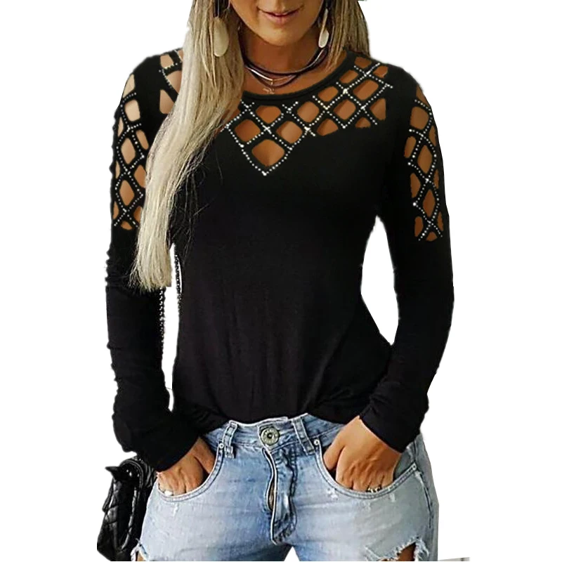 Elegant Women Autumn Winter Slim T-Shirts Patchwork Hollow Out Design Beading Decor See Through O-Neck Long Sleeve Solid Tshirts
Elegant Women Autumn Winter Slim T-Shirts Patchwork Hollow Out Design Beading Decor See Through O-Neck Long Sleeve Solid Tshirts