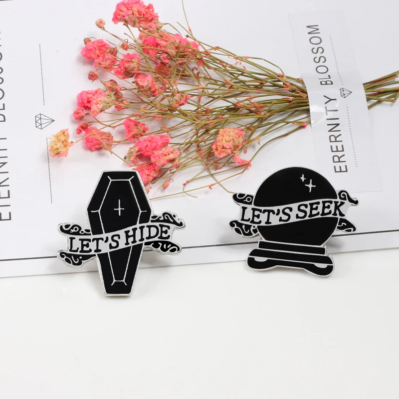 Halloween Pins Punk Dark Black Heart Coffin Book Brooch LET'S Series Gothic Enamel Pin Denim Shirt Lapel Badge Men Jewelry Gift |