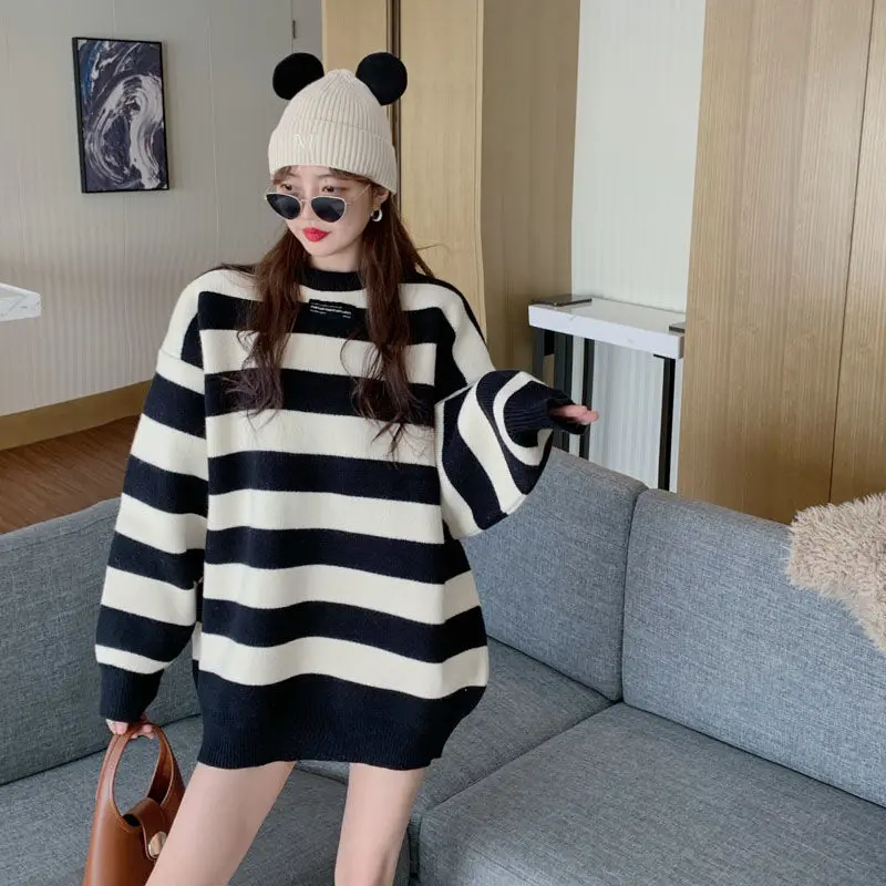 Lazy Style Striped Sweater Women's Outer Wear Autumn and Winter Thick Loose Large Size Fat MM Mid-length Korean Knit Sweater Top
Lazy Style Striped Sweater Women's Outer Wear Autumn and Winter Thick Loose Large Size Fat MM Mid-length Korean Knit Sweater Top