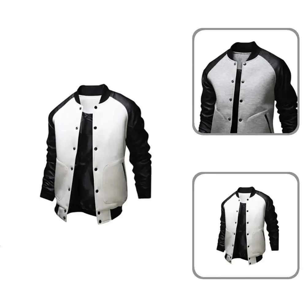 Faux Leather Stitching Fabulous Stand Collar Soft All Match Men Coat Soft Baseball Jacket Single Breasted for Work
Faux Leather Stitching Fabulous Stand Collar Soft All Match Men Coat Soft Baseball Jacket Single Breasted for Work