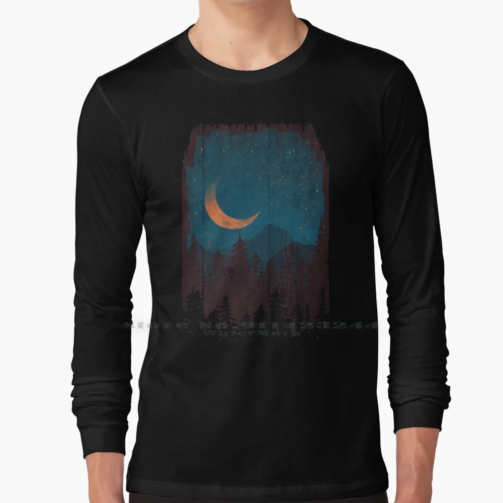 

Those Summer Nights... Long Sleeve T Shirt Tee Landscape Moon Stars Lightning Bugs Firefly Mountains Nature Wilderness Forest