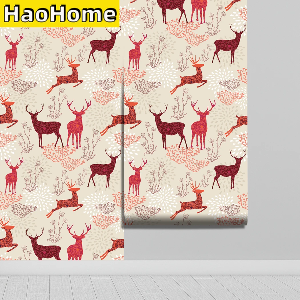 

Christmas Reindeer Self Adhesive Wallpaper Xmas Decor Red Deer Peel and Stick Removable Wallpaper Wall Stickers for Home Decor