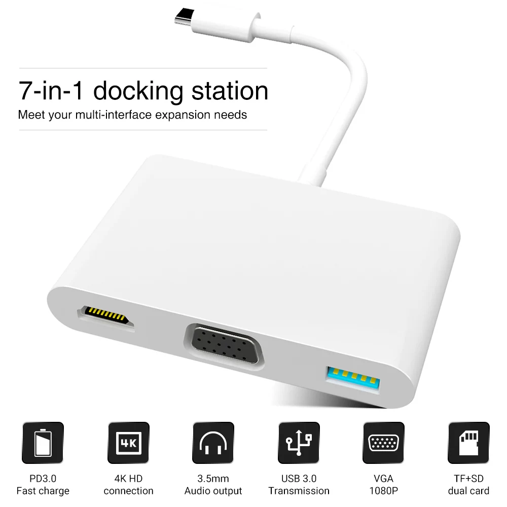 PP7R 7 in 1 Type C Hub 4K 1080P HDMI-Compatible + VGA PD 5Gbps USB Hub Support 3.5mm Audio SD/TF For Android Phone Computer
PP7R 7 in 1 Type C Hub 4K 1080P HDMI-Compatible + VGA PD 5Gbps USB Hub Support 3.5mm Audio SD/TF For Android Phone Computer